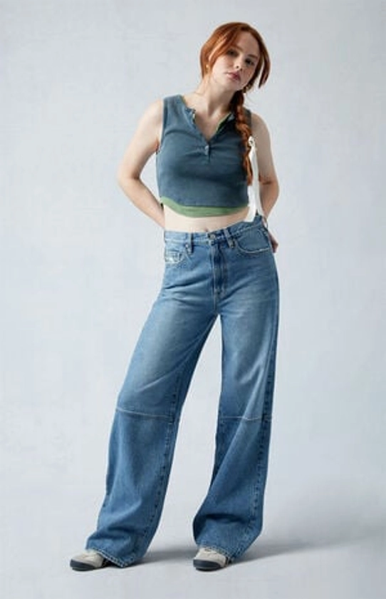 PacSun Eco Medium Indigo Paneled Mid Rise Baggy Jeans | PacSun