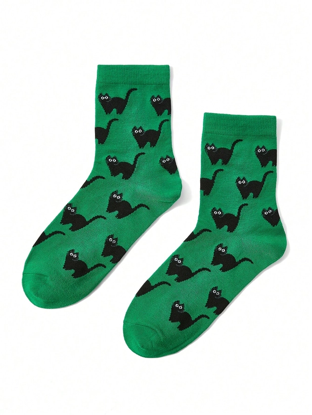 Flacwind Chaussettes mi-mollet à motif de chat noir mignon par un artiste, en jacquard