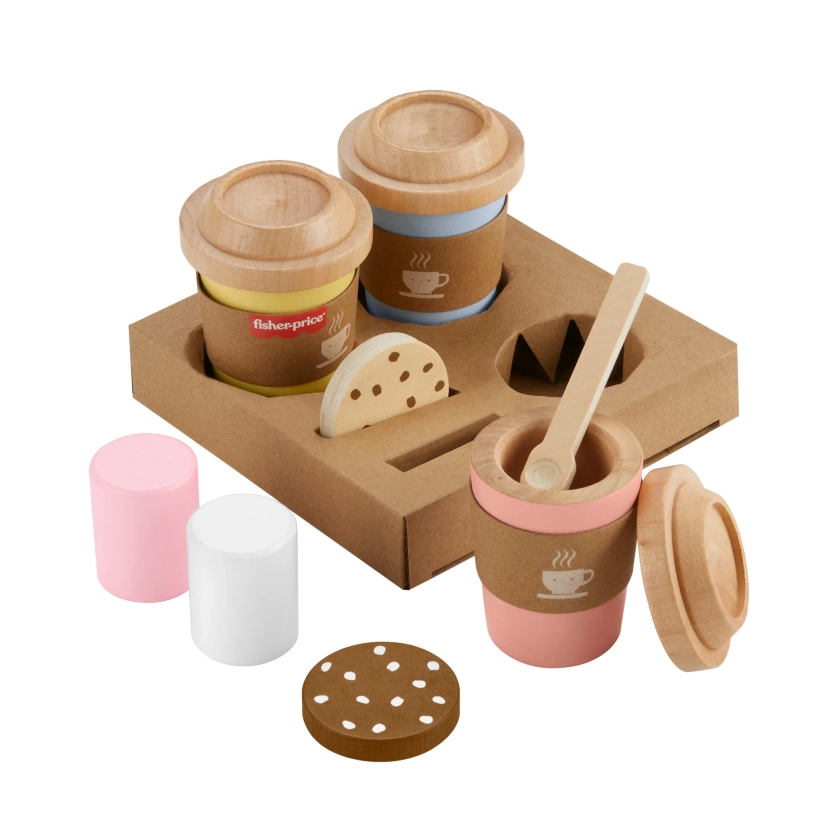 Fisher-Price Wooden Coffee to Go Set, 15-Piece Cafe Shop Playset Toddler, Ages 3-5 Years