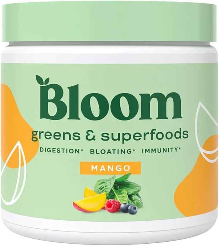 Bloom Nutrition Superfood Greens Powder, Digestive Enzymes with Probiotics and Prebiotics, Gut Health, Bloating Relief for Women, Chlorella, Green Juice Mix with Beet Root Powder, 30 SVG, Mango