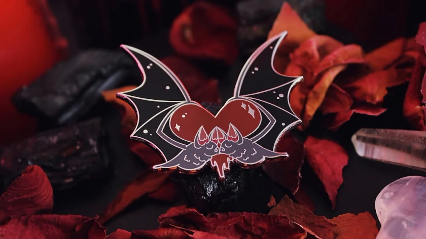 Vampire Bat Kiss Pin - Enamel Lapel Pin - Cute Bat Blood Spooky Gothic Goth Queer Romance Spooky Halloween Valloween Valentine's Day