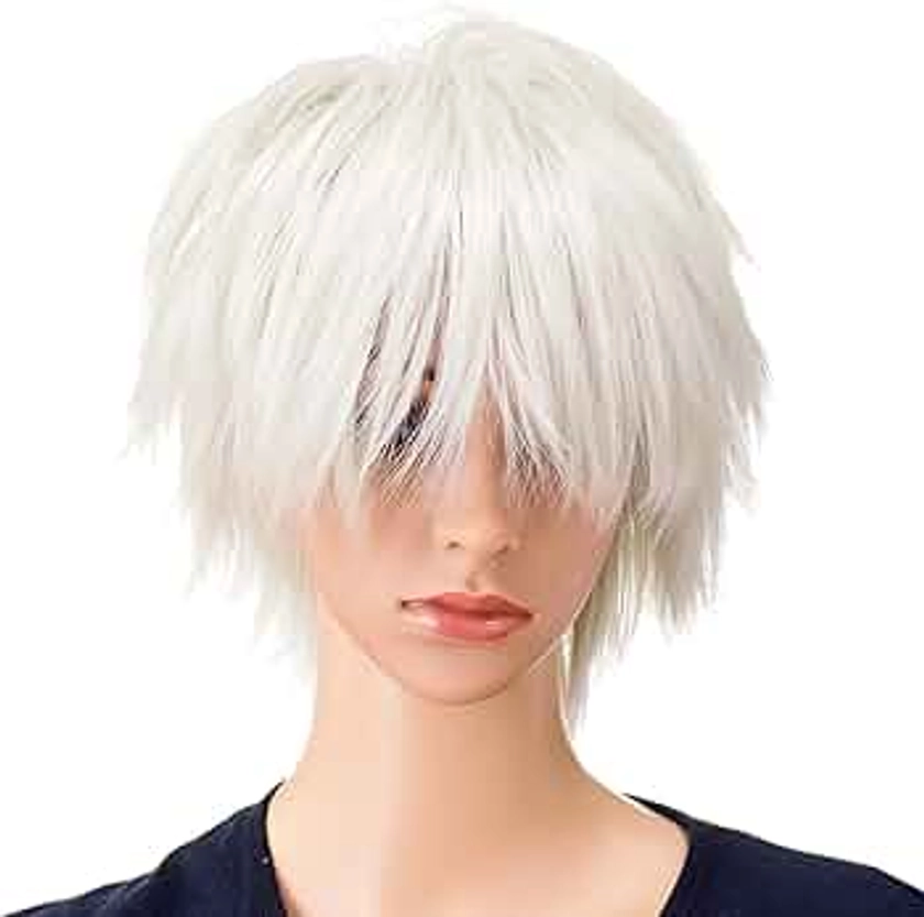 SWACC Unisex Fashion Spiky Layered Short Anime Cosplay Wig for Men and Women (White)