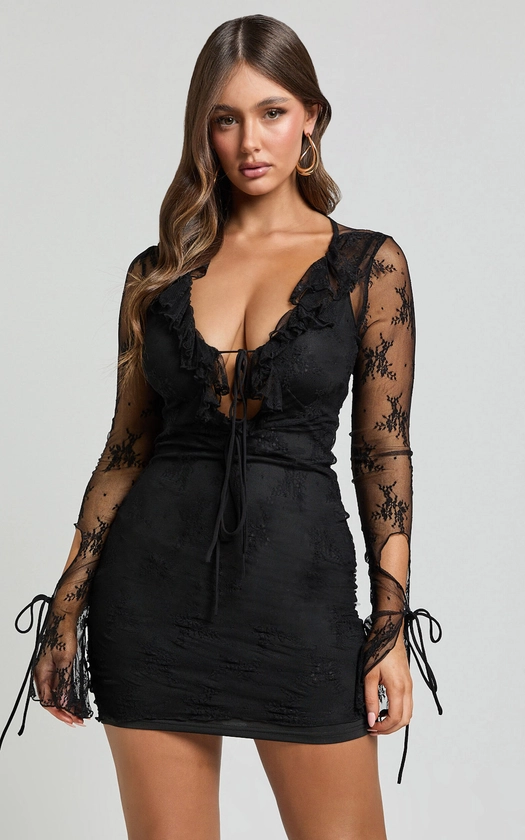 Presley Mini Dress - Lace Ruffle Plunge Tie Detail Dress in Black