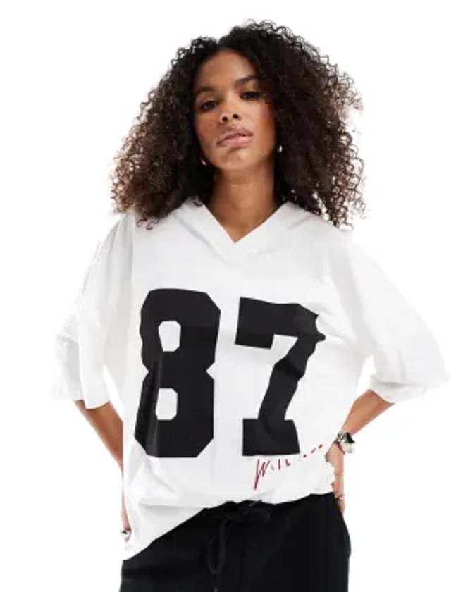 Stradivarius STR '87' oversized baseball shirt in white | ASOS