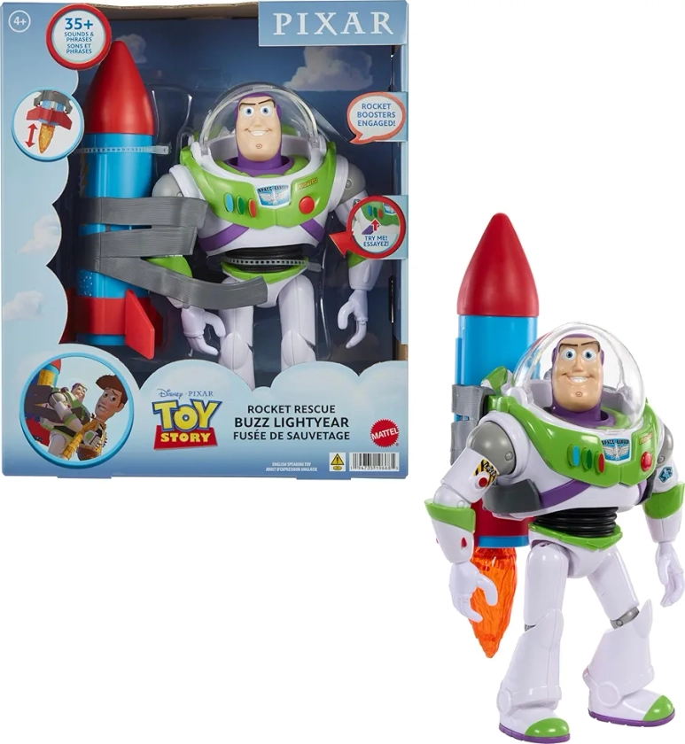 Mattel Disney Pixar Toy Story Buzz Lightyear 10-inch Action Figure Toy with Rocket & 20 Plus Phrases & Sounds, Rocket Rescue Pack Buzz Pack​