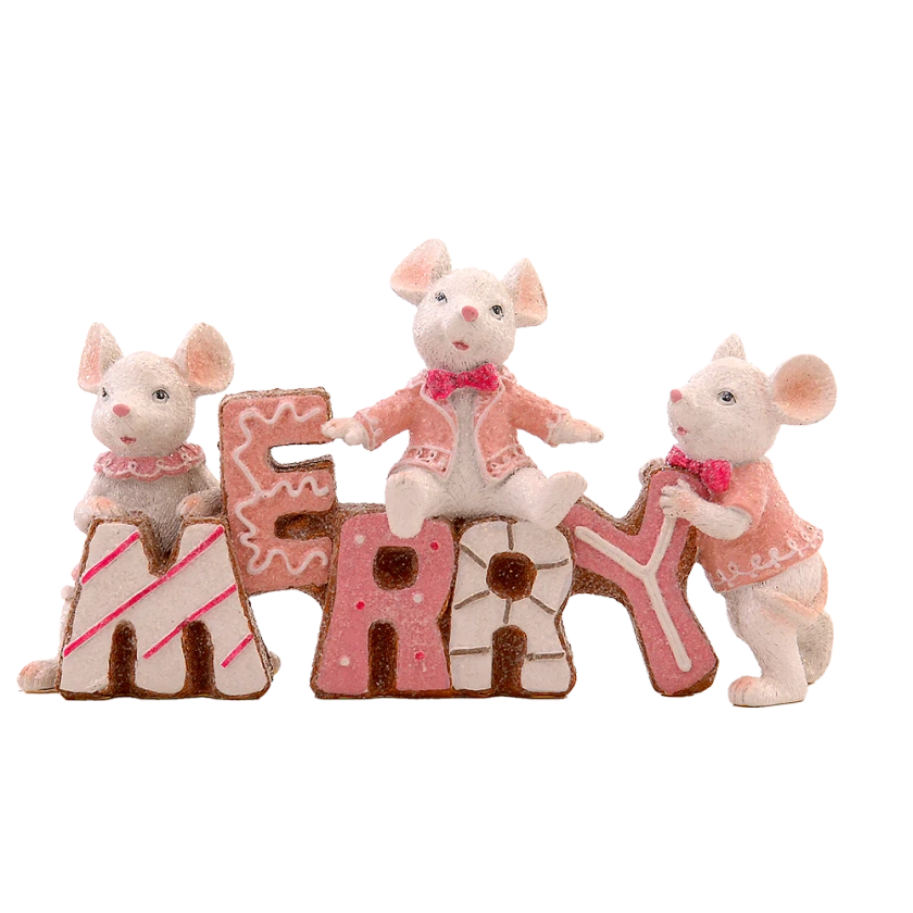 Viv! Christmas Tabletop Figure - 'Merry' Mice - pastel pink - 23x12cm