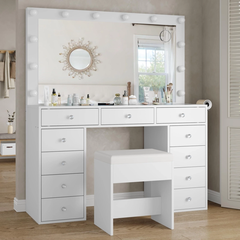 Latitude Run® Pisklo Vanity desk & Power Outl, Makeup Vanity with Mirror and 12 LED Lights, Makeup Table with 11 Drawers, Vanity Table with Chair，Vanity Set 3 Lighting Modes Brightness Adjustable-(White) & Reviews | Wayfair