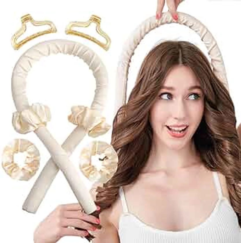 Heatless Curling Rod Silk Headband, No Heat Curls Rollers, Curlers with Ribbons Sleeping Soft Wave Hair Curler DIY Hair Styling Tools Formers for Long Medium Hair (Champagne)