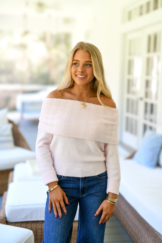 Sharon Off Shoulder Sweater Top - Pale Pink