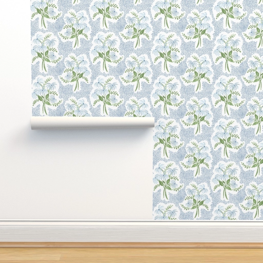 Pearl's Bouquet Blue and Green Wallpaper | Spoonflower