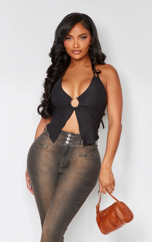 Shape Black Slinky Halterneck Ring Detail Crop Top