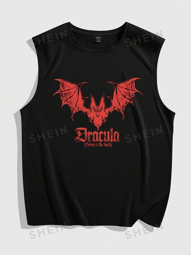 ROMWE Goth Camiseta de tirantes con gráfico de murciélago y letras para hombre, para Halloween, escuela