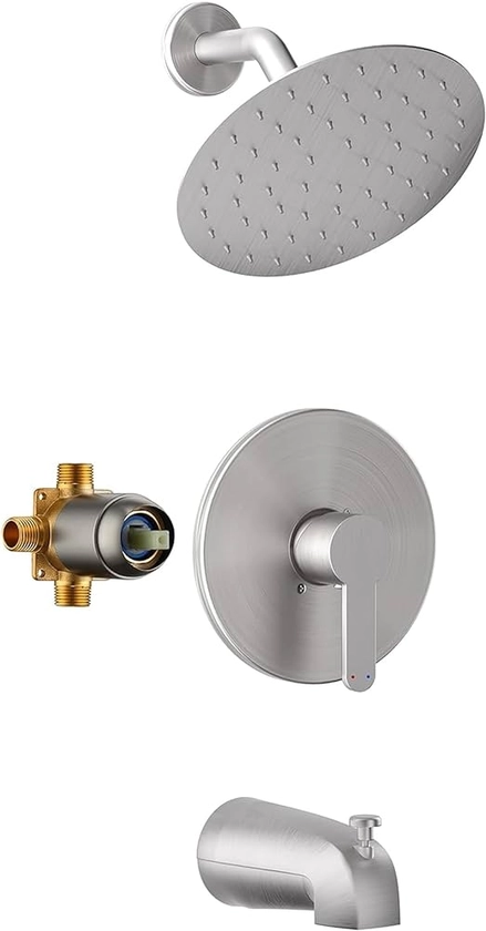 Esnbia Tub Shower Kit（Shower Valve Include), Shower Faucet Set with 8-Inch Rain Shower Head and Handle, Bathtub Shower Faucet Set, Single-Handle Tub and Shower Hardware Set, Brushed Nickel