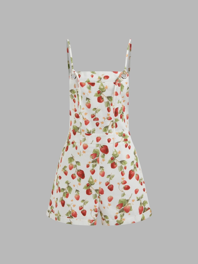 Woven 100% Cotton Square Neck Strawberry Graphic Pocket Romper For Vacation