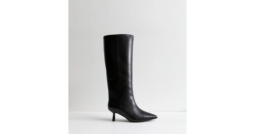 Black Leather Look Kitten Heel Knee High Boots | New Look