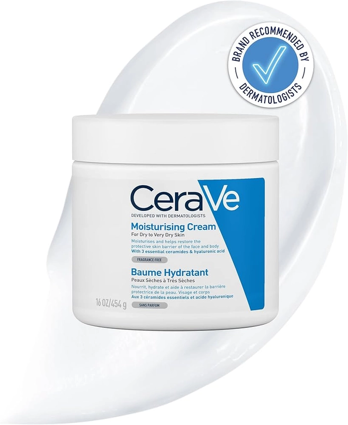 CeraVe Moisturising Cream for Dry to Very Dry Skin 454g, Face and Body Moisturiser with Hyaluronic Acid & 3 Essential Ceramides, CeraVe Body and Face Cream