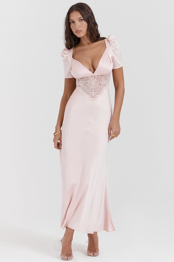 Clothing : Midi Dresses : 'Rafaela' Soft Peach Pure Silk & Lace Dress