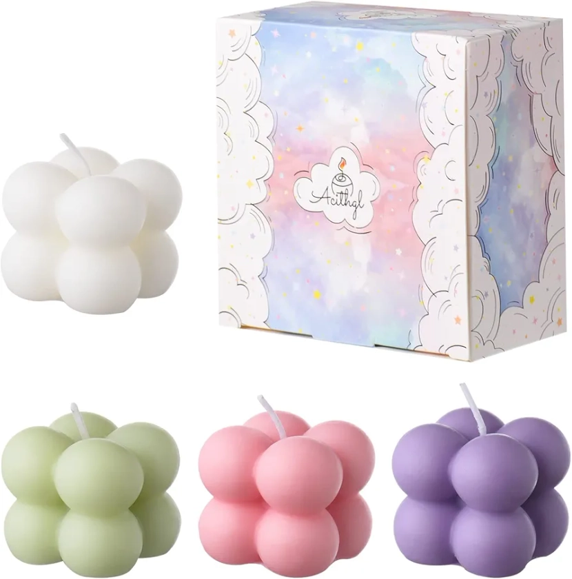 ACITHGL Bubble Candle - 4 Small Cute Candles Cube Soy Wax Candles, Home Decor Candle, Scented Candle Set 4 Pieces, Home Use and Gifting(4 Colors Small)