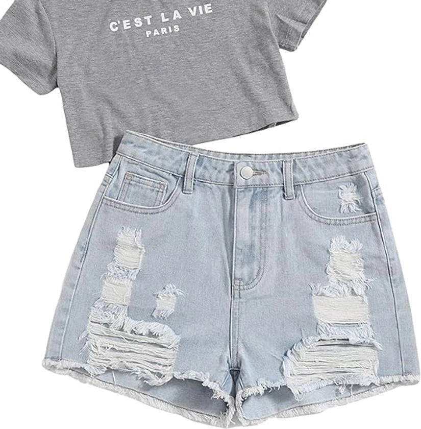 SOLY HUX Girl's Ripped Raw Hem Denim Shorts High Waisted Straight Leg Summer Jeans Shorts