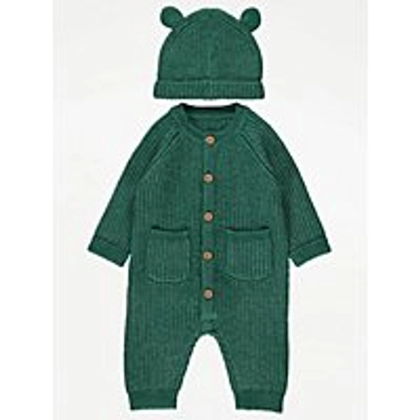 Green Rib Knit Raglan Sleeve All In One and Hat Outfit | Baby | George at ASDA