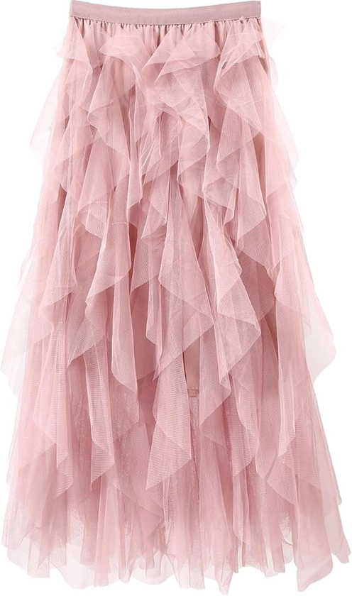 Women Tulle Skirts Layered Tutu Skirt Midi Length Elastic High Waist A Line Skirt