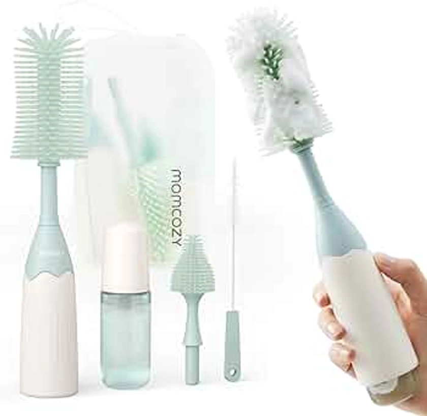 Momcozy Bottle Brush Kit, Innovative Push-Press Design for Better Cleaning - Baby Bottle Cleaner Brush for Baby Bottle, Breast Pumps, Nipples, and More - Can Generate Foam for Better Cleaning, Green