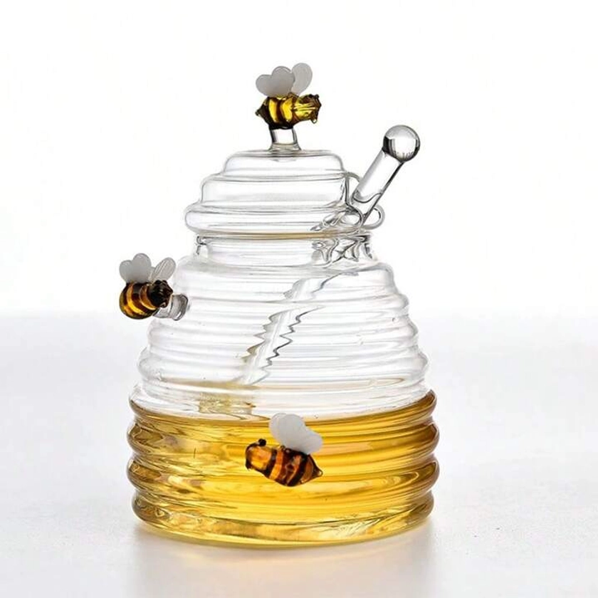 1pc Home Use Honeycomb Design Transparent Glass Honey Jar With Lid & Stirring Stick, Creative & Lovely Glass Storage Jar For Honey