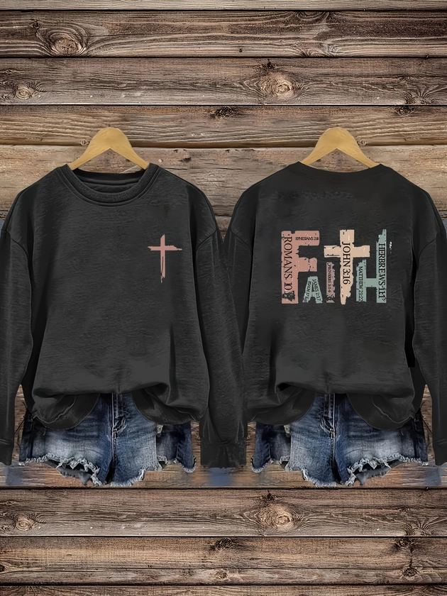 Cross Letter Print Pullover Sweatshirt Casual Long Sleeve - Temu