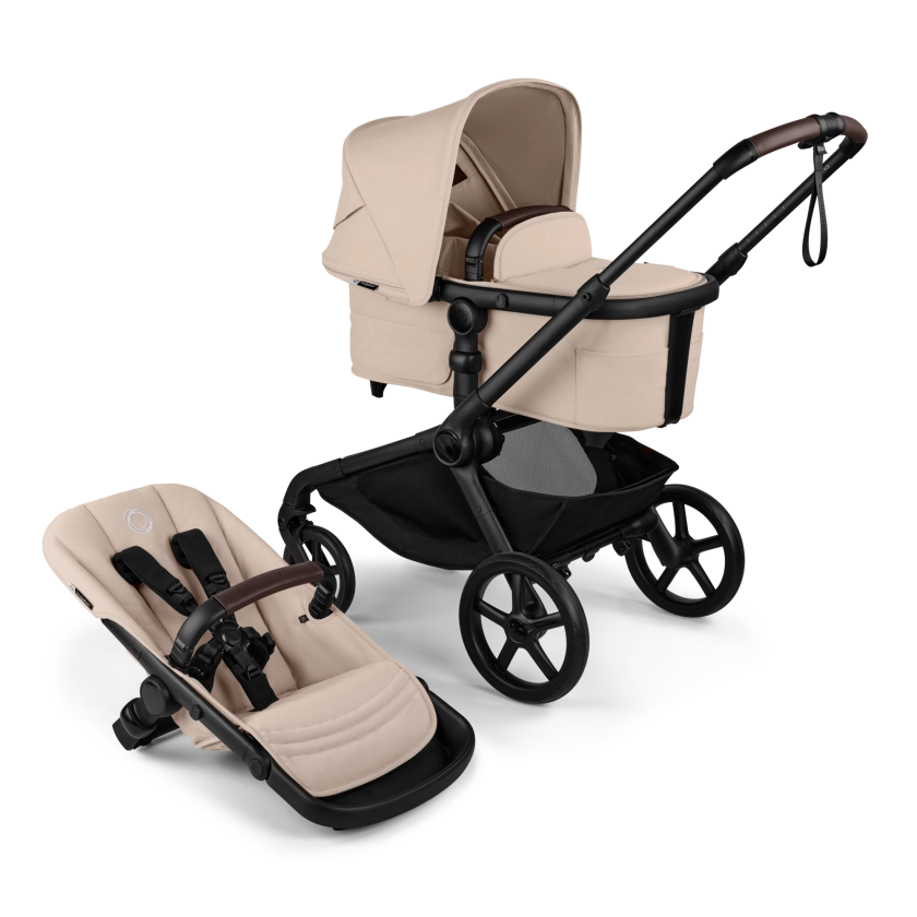 Bugaboo Kangaroo bassinet and seat stroller black base, desert taupe fabrics, desert taupe sun canopy