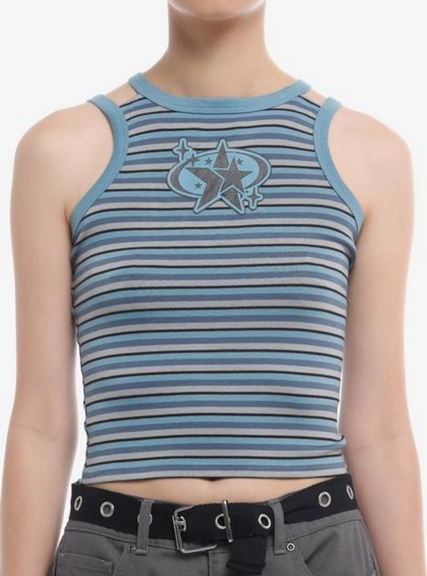 Social Collision® Blue & Grey Stripe Stars Double-Strap Girls Tank Top | Hot Topic
