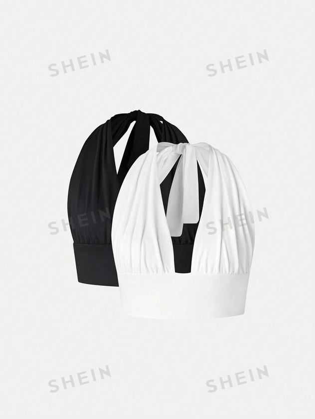 SHEIN Essnce Women'S Solid Color Backless Tie Neck Halter Top