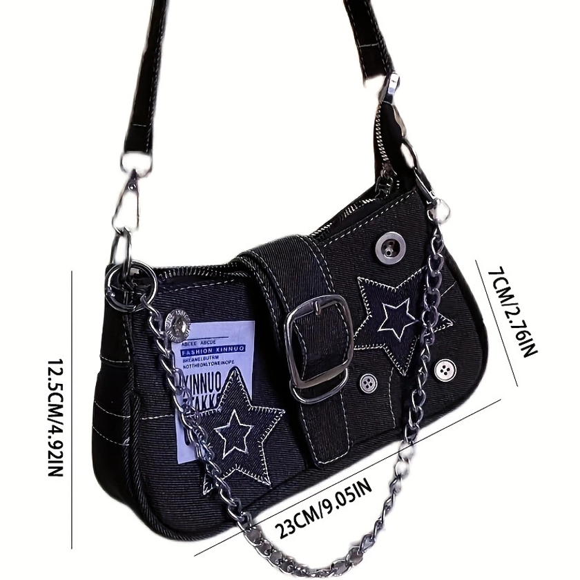 Y2K Star Denim Underarm Bag, Vintage Gothic Shoulder Bag, Women's Grunge Punk Handbag & Purse
