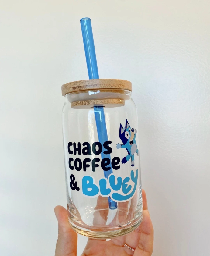 Bluey Beer Can Glass, Cartoon Character Cup, Iced Coffee Glass, Bluey Mom Cup, 16oz Libbey Glass, Mom Gift, Mom Glass, Mom Cup, Blue Dog
