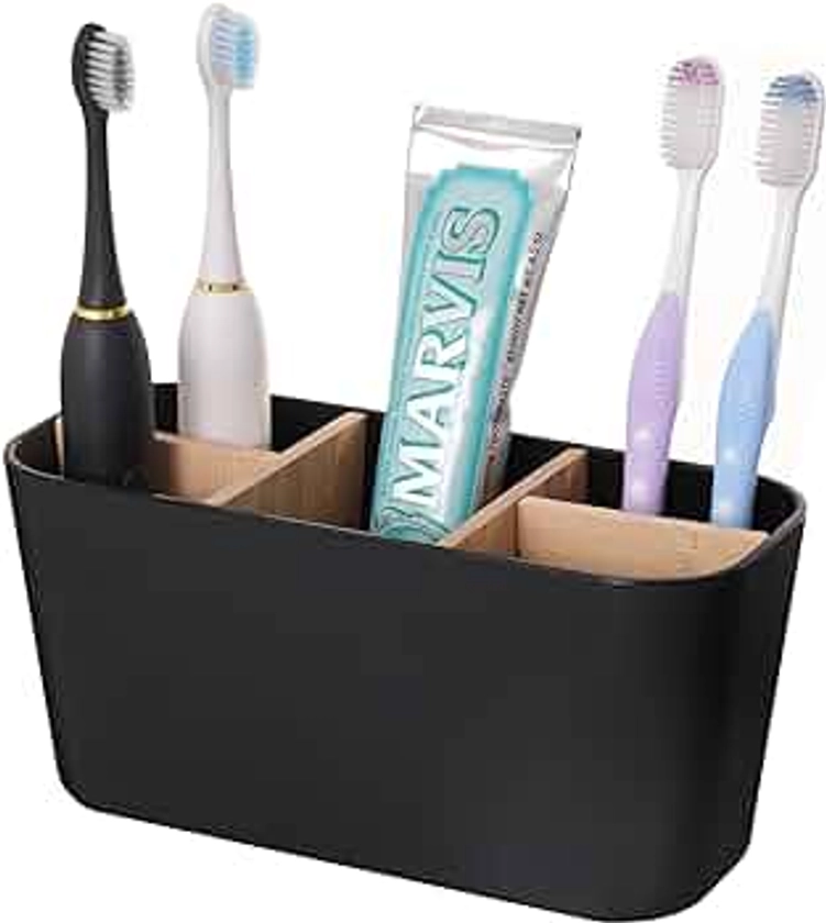 Toothbrush Holders for Bathrooms, 5 Slots Toothpaste Organizer with Bamboo Divider Bathroom Accessories Storage Electric Toothbrush Stand for Vanity Countertop, Black