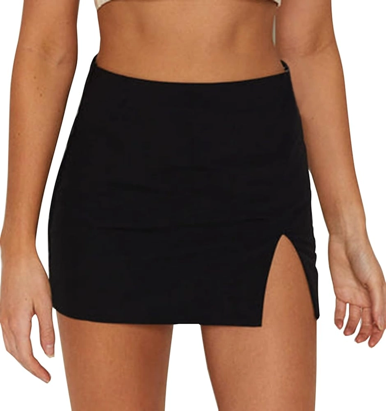 Womens Black Mini Skirt High Waist High Slit Sexy Bodycon Mini Skirt 0290……