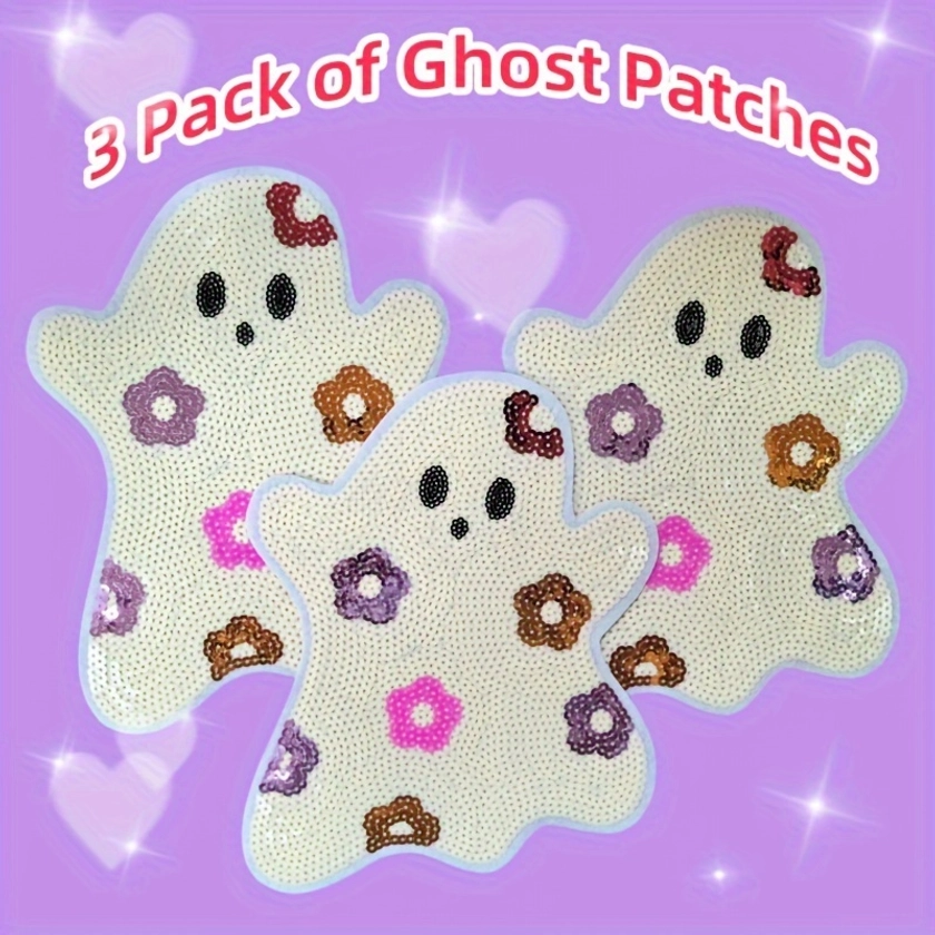 3-Pack Adorable Sequined Ghost Embroidered Patches | Fashionable Appliqué for Clothing and Decor