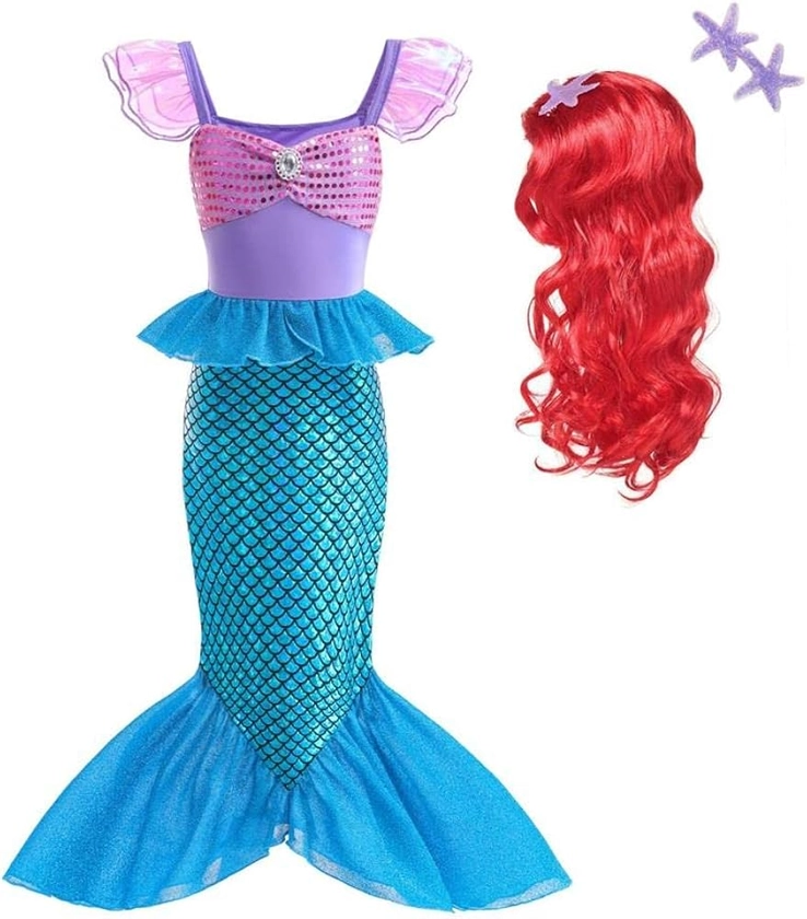 Lito Angels Costume da Sirenetta Vestito Principessa Ariel Sirena con Parrucca per Bambina Taglia 2 a 9 Anni, Viola Blu