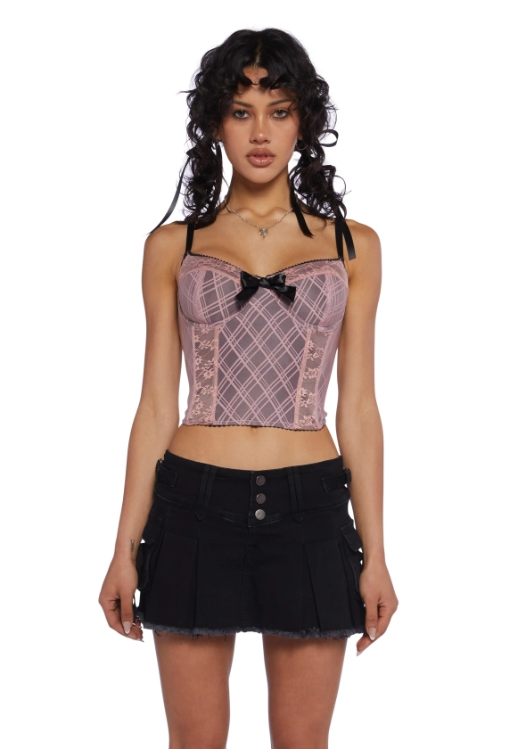 Delia's Plaid Mesh Lace Bustier Corset Top 90s Grunge - Pink