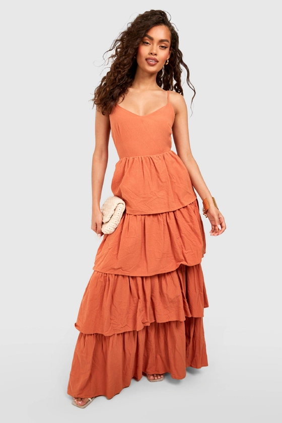 Dresses | V Neck Tiered Linen Maxi Dress | boohoo