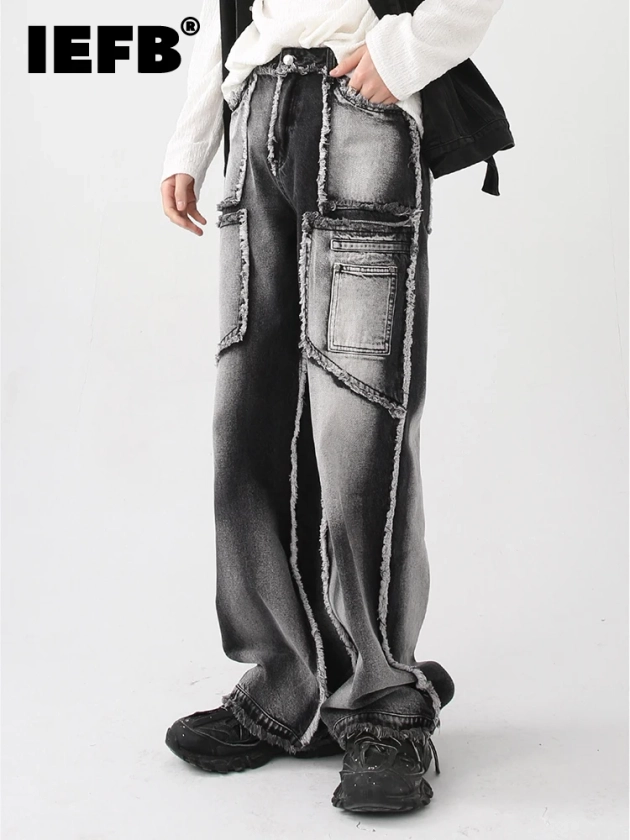 IEFB – pantalon Vintage pour homme, jean à bords rugueux, épissage de Tube droit, jambes larges, nouvelle collection automne, 9A5086