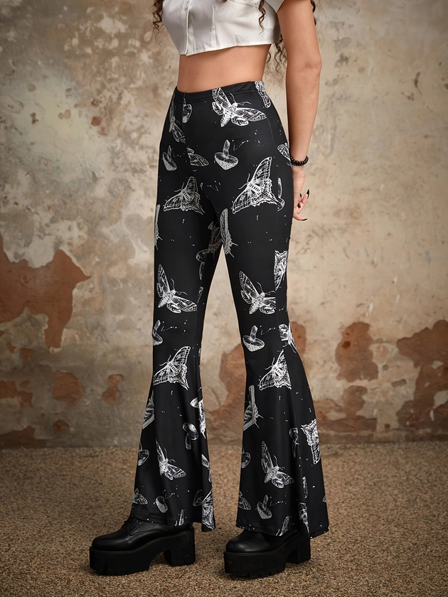 Butterfly Print Flare Leg Pants, Casual High Waist Slim Pants, Women's Clothing