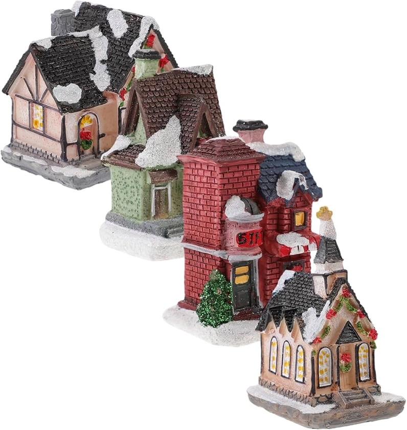 TOPBATHY 4pcs Christmas Glowing House Christmas Collectible Buildings Xmas Christmas Village Accessories Light up Christmas House Lighted Bedroom Decoration Christmas Ornaments Houses Resin