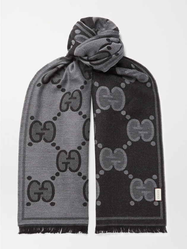 GUCCI Fringed Logo-Jacquard Wool Scarf