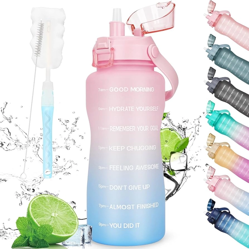 CodiCile Bouteille d'eau de 2 l - Avec paille et marquage du temps - Sans BPA - Anti-fuite - Grande bouteille de sport - 2 l - Convient pour le yoga, le fitness, la course - Rose et bleu