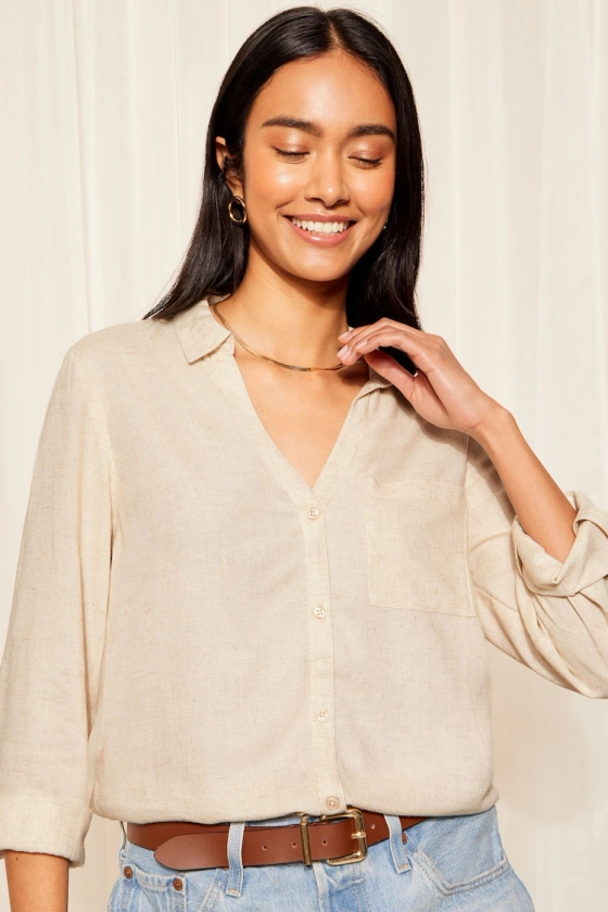 Buy Friends Like These Neutral Long Sleeve Button Through Shirt with Linen from the Next UK online shop