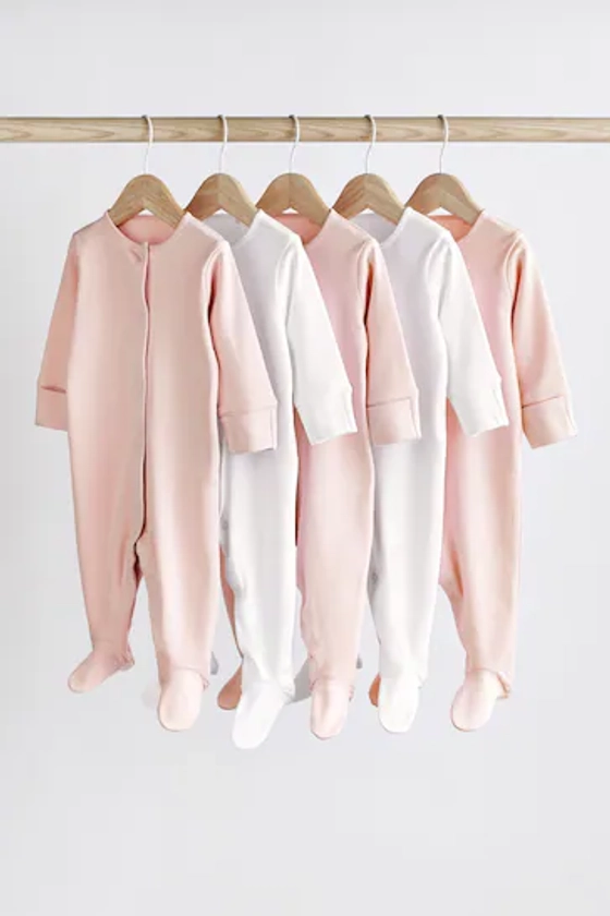 Pink/White 5 Pack Cotton Baby Sleepsuits (0-2yrs)