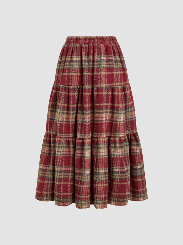 Mid Rise Checks Tiered Maxi Skirt