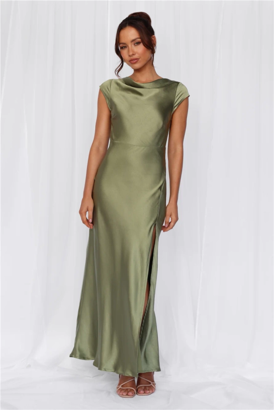 HELLO MOLLY The Valentina Cap Sleeve Satin Maxi Dress Olive