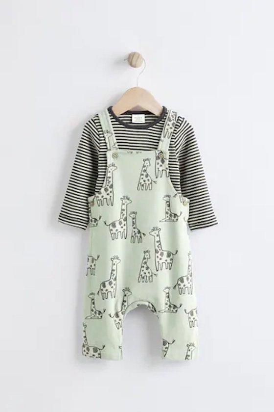 Sage Green Giraffe Jersey Baby Dungarees And Bodysuit Set (0mths-2yrs)