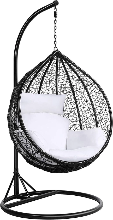 Yaheetech Garden Swing Chair, Patio Swing Chair Outdoor Hanging Hammock with Stand Indoor Rattan Chair with Cushion and Cover, Black